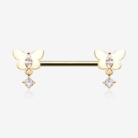 A Pair of Golden Butterfly Sparkle Dangle Sparkle Nipple Barbell-Clear Gem