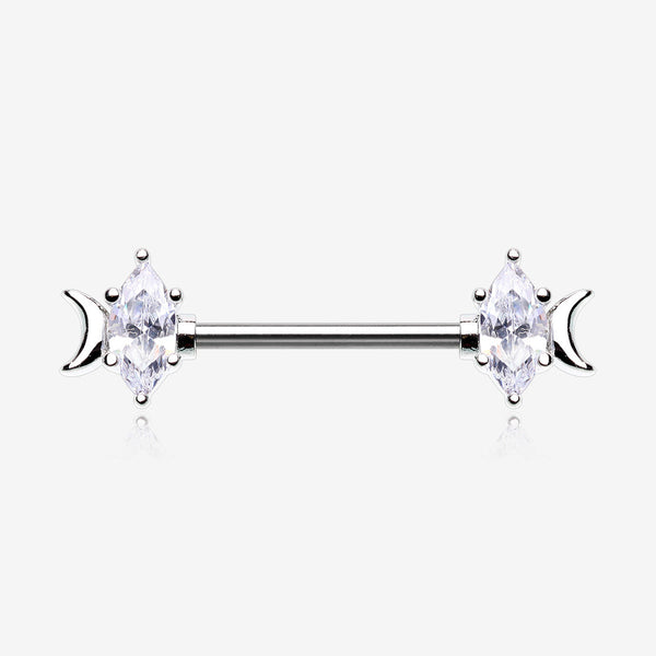 A Pair of Crescent Moon Phase Marquise Sparkle Nipple Barbell-Clear Gem