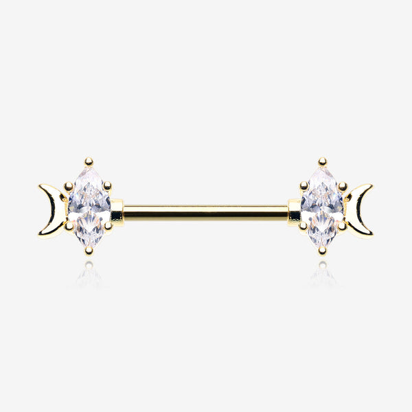 A Pair of Golden Crescent Moon Phase Marquise Sparkle Nipple Barbell-Clear Gem