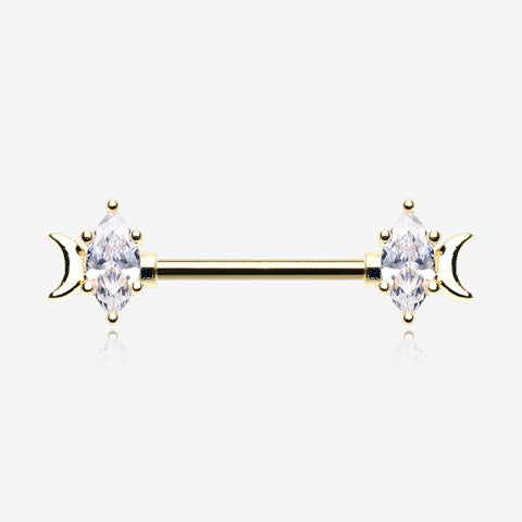 A Pair of Golden Crescent Moon Phase Marquise Sparkle Nipple Barbell-Clear Gem