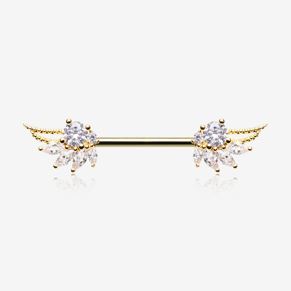 A Pair of Golden Guardian Angelic Wing Sparkle Nipple Barbell-Clear Gem