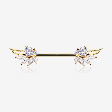 A Pair of Golden Guardian Angelic Wing Sparkle Nipple Barbell-Clear Gem