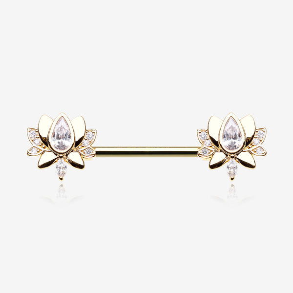 A Pair of Golden Luscious Lotus Sparkle Nipple Barbell-Clear Gem