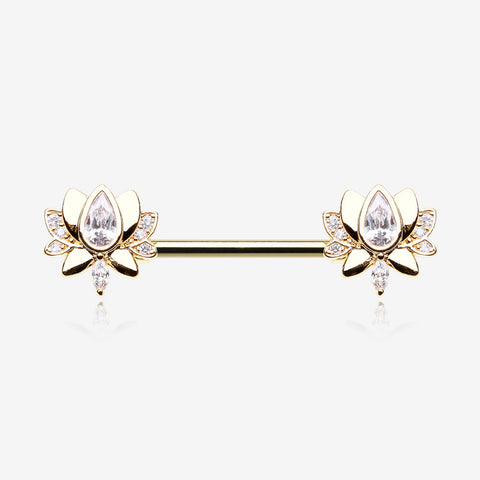 A Pair of Golden Luscious Lotus Sparkle Nipple Barbell-Clear Gem