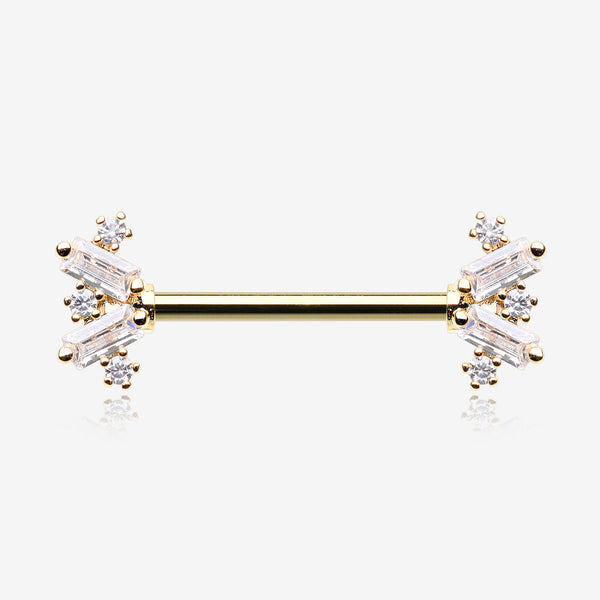 A Pair of Golden Sparkle Overload ZigZag Nipple Barbell-Clear Gem