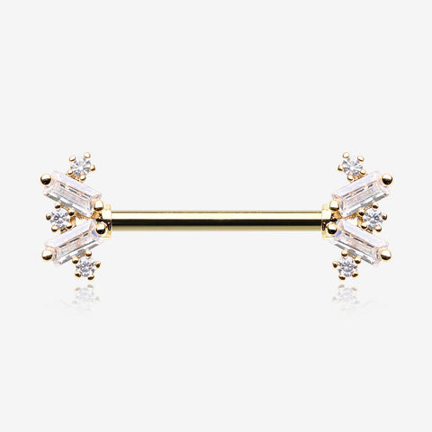 A Pair of Golden Sparkle Overload ZigZag Nipple Barbell-Clear Gem