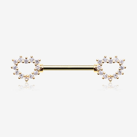 A Pair of Golden Brilliant Sparkle Hollow Heart Nipple Barbell-Clear Gem