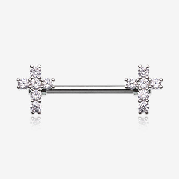 A Pair of Brilliant Sparkle Cross Multi-Gem Nipple Barbell-Clear Gem