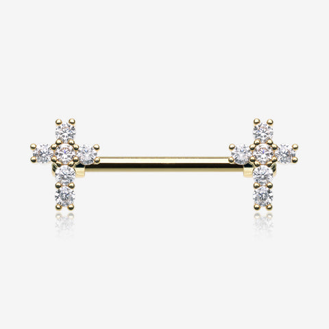 A Pair of Golden Brilliant Sparkle Cross Multi-Gem Nipple Barbell-Clear Gem