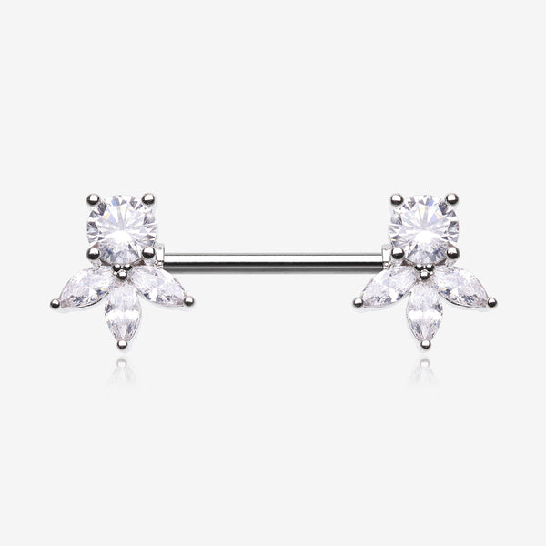 A Pair of Floral Elegance Sparkle Multi-Gem Nipple Barbell-Clear Gem