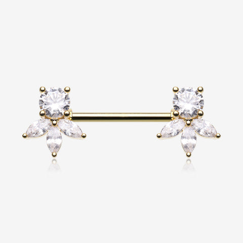 A Pair of Golden Floral Elegance Sparkle Multi-Gem Nipple Barbell-Clear Gem