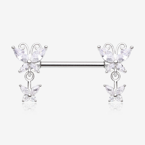 A Pair of Marquise Butterfly Duo Sparkle Dangle Nipple Barbell-Clear Gem