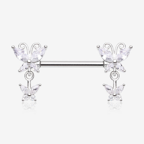 A Pair of Marquise Butterfly Duo Sparkle Dangle Nipple Barbell-Clear Gem