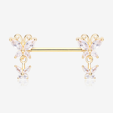 A Pair of Golden Marquise Butterfly Duo Sparkle Dangle Nipple Barbell-Clear Gem