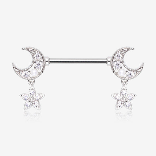 A Pair of Sparkle Crescent Moon Twinkle Dangle Nipple Barbell-Clear Gem