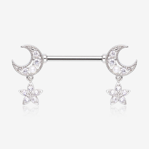 A Pair of Sparkle Crescent Moon Twinkle Dangle Nipple Barbell-Clear Gem