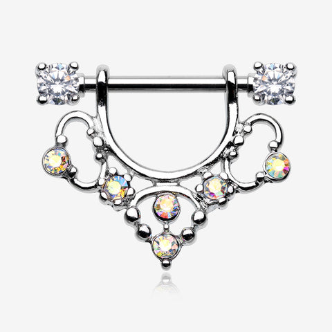 Muilla Filigree Sparkle Dangle Nipple Shield Ring-Clear Gem/Aurora Borealis