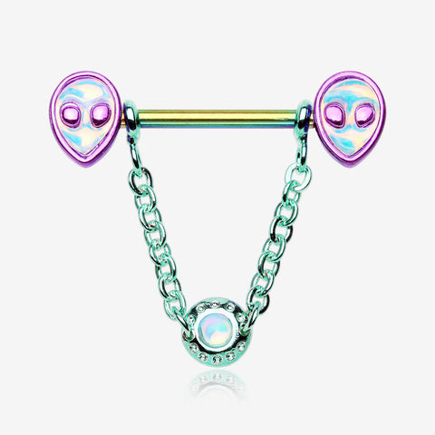 A Pair of Rainbow Iridescent Alien Revo Dangle Chain Nipple Barbell-Rainbow