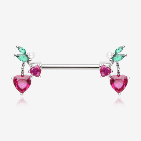 A Pair of Sparkle Cherry Heart Delight Nipple Barbell-Fuchsia/Green