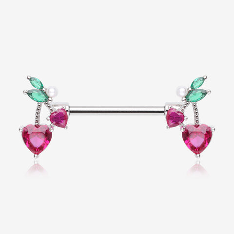 A Pair of Sparkle Cherry Heart Delight Nipple Barbell-Fuchsia/Green