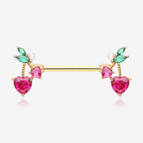 A Pair of Golden Sparkle Cherry Heart Delight Nipple Barbell-Fuchsia/Green