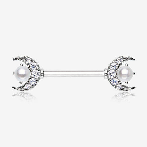 A Pair of Pearlescent Crescent Moon Sparkle Nipple Barbell-Clear Gem