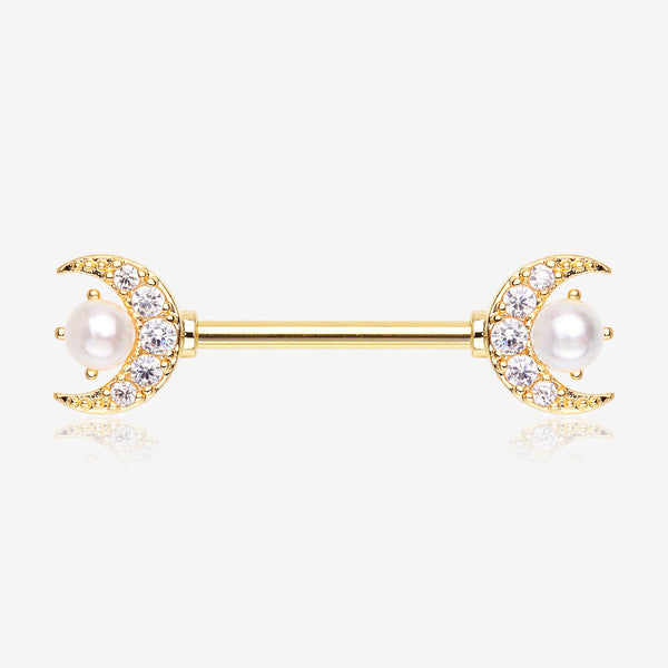 A Pair of Golden Pearlescent Crescent Moon Sparkle Nipple Barbell-Clear Gem