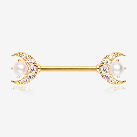 A Pair of Golden Pearlescent Crescent Moon Sparkle Nipple Barbell-Clear Gem