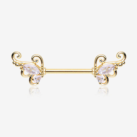 A Pair of Golden Luscious Sparkle Butterfly Elegance Nipple Barbell-Clear Gem