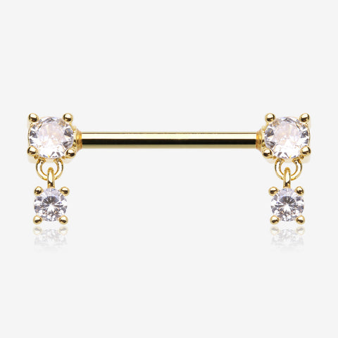 A Pair of Golden Brilliant Sparkle Gem Dangle Nipple Barbell-Clear Gem