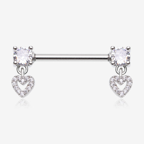 A Pair of Brilliant Sparkle Heart Gem Hollow Dangle Nipple Barbell-Clear Gem