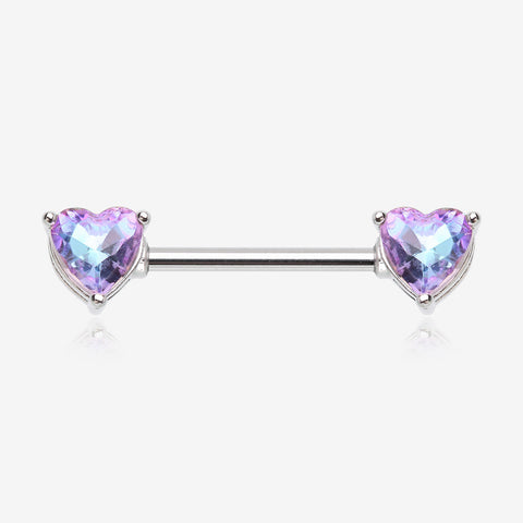 A Pair of Iridescent Heart Sparkle Nipple Barbell-Vitrail Light