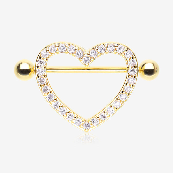 A Pair of Golden Adorable Multi-Gem Heart Sparkle Shield Nipple Barbell Ring-Clear Gem