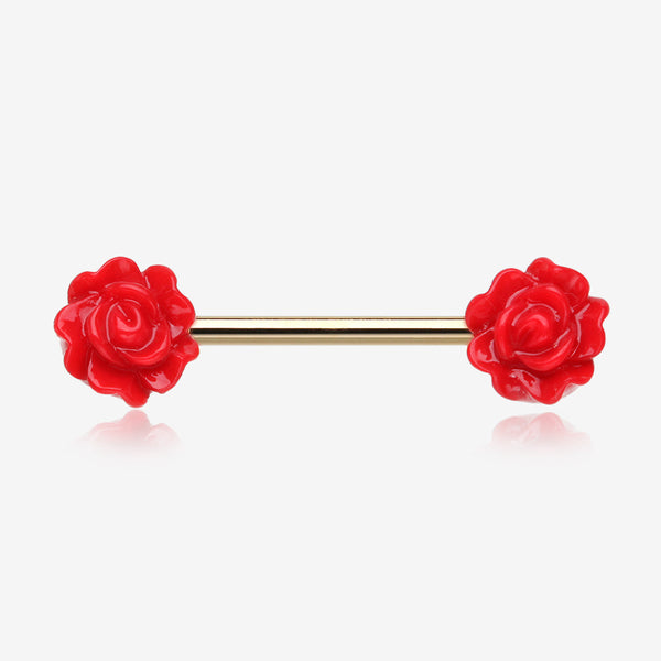 A Pair of Golden Acrylic Rose Blossom Nipple Barbell Ring-Red