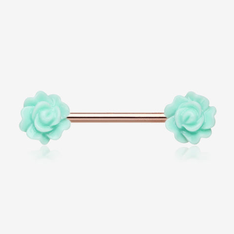 A Pair of Rose Gold Acrylic Rose Blossom Nipple Barbell Ring-Mint Green