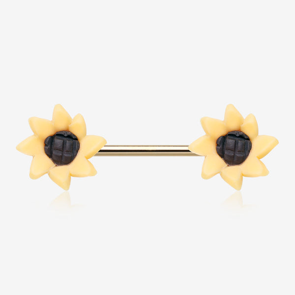 A Pair of Sunflower Bloom Handmade Clay Flower Nipple Barbell