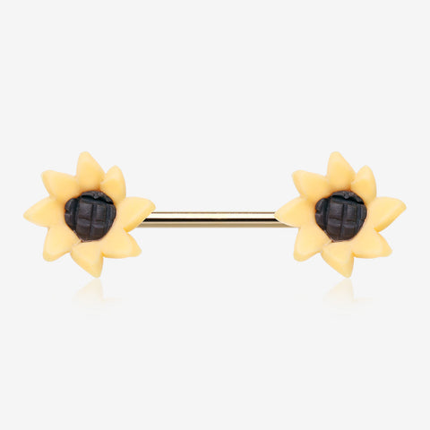 A Pair of Sunflower Bloom Handmade Clay Flower Nipple Barbell