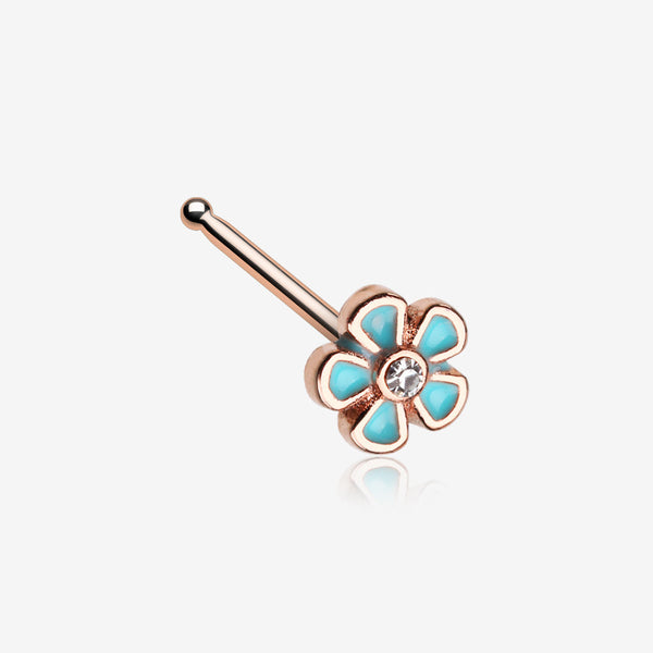 Rose Gold Adorable Plumbago Flower Sparkle Nose Stud Ring-Clear Gem