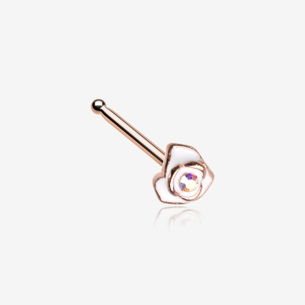 Rose Gold White Rose Blossom Sparkle Nose Stud Ring-Aurora Borealis