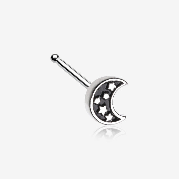 Midnight Crescent Moon Inner Stars Nose Stud Ring-Black