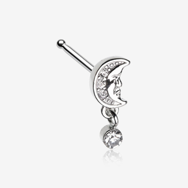 Vintage Crescent Moon Face Sparkle Dangle Nose Stud Ring-Clear Gem