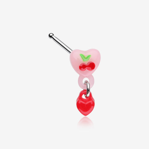 Kawaii Pop Cherry Heart Dangle Nose Stud Ring-Pink/Red