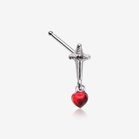 Royal Dagger Blood Red Heart Gem Dangle Nose Stud Ring-Hematite/Red