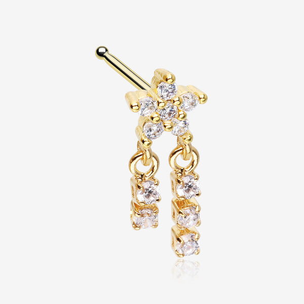 Golden Sparkle Flower Dangle Gem Drop Nose Stud Ring-Clear Gem