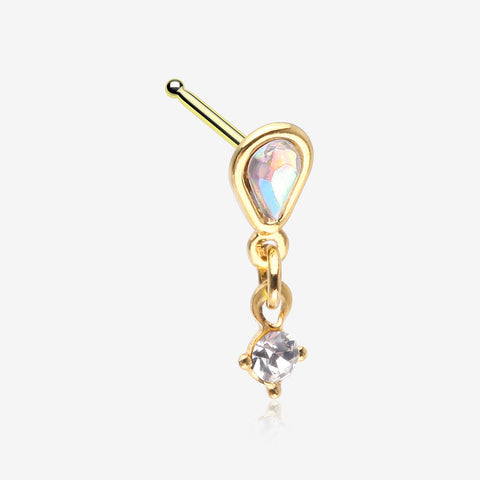 Golden Iridescent Sparkle Inverted Teardrop Dangle Nose Stud Ring-Aurora Borealis/Clear Gem