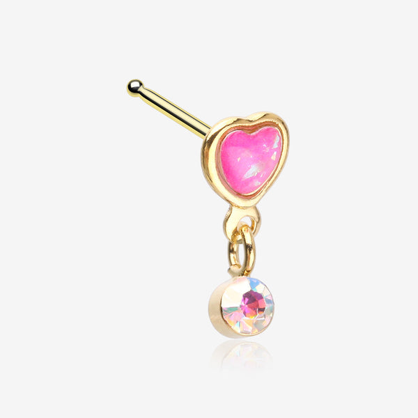 Golden Opalescent Glitter Heart Sparkle Dangle Nose Stud Ring-Pink/Aurora Borealis