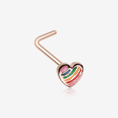 Rose Gold Rainbow Pride Heart L-Shaped Nose Ring