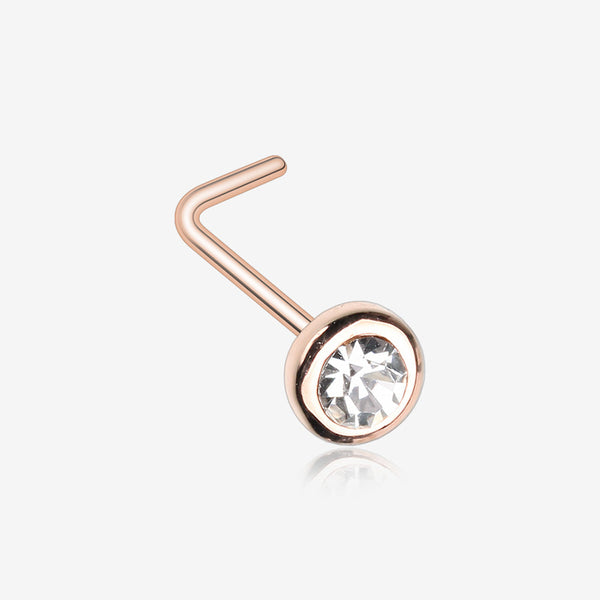 Rose Gold Sparkle Bezel Gem L-Shaped Nose Ring-Clear Gem