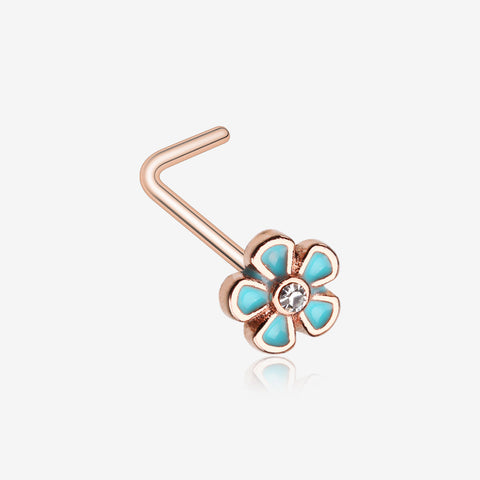 Rose Gold Adorable Plumbago Flower Sparkle L-Shaped Nose Ring-Clear Gem