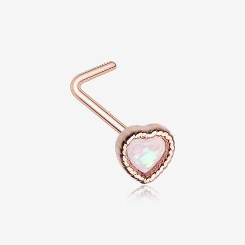 Rose Gold Opalescent Sparkle Heart L-Shaped Nose Ring-White